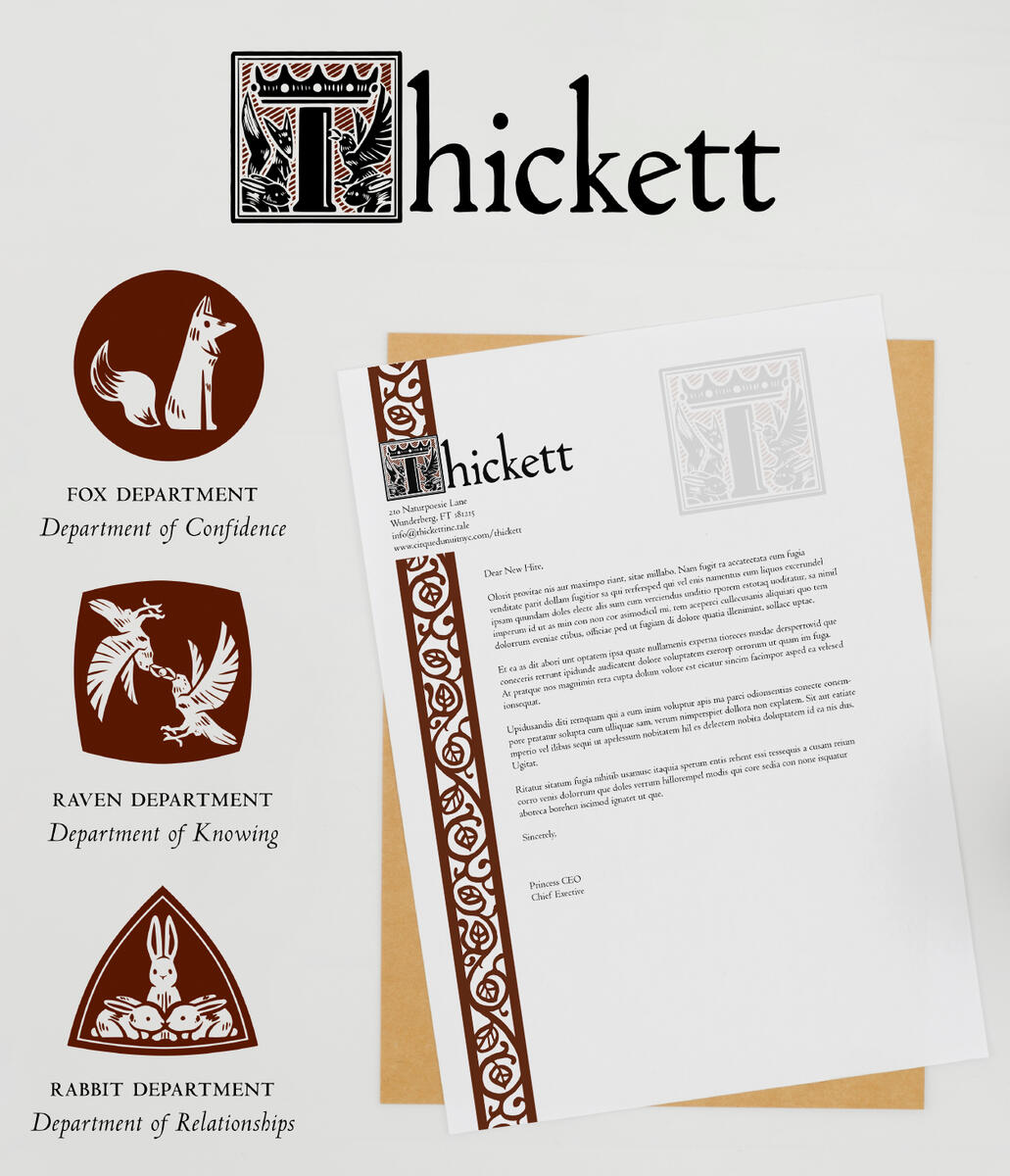 Thickett Branding -- Featuring Thickett's logo, the department logos, and Thickett's company letterhead.